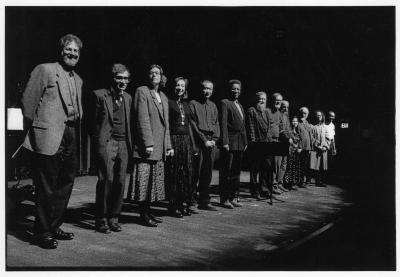The featured composers of OM 2, full length portrait, standing, facing forward, 1995