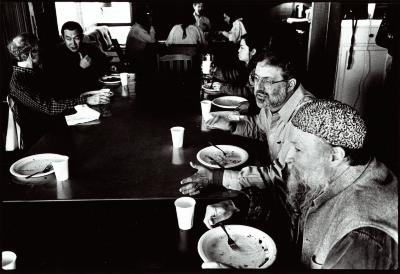 Jim Newman, Tan Dun, Mari Kimura, Charles Amirkhanian, and Terry Riley, seated and sharing a meal, Woodside CA, (1995)