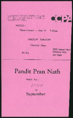 CCPA Notice: Upcoming concerts with Gregory Taboloff and Pandit Pran Nath