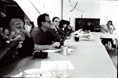 Several OM 4 artists, seated and listening, during one of the private composer presentations at the Djerassi Resident Artists Program, Woodside, CA (1997) [v2]