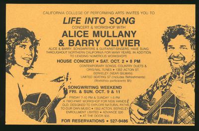 CCPA Invites You To: Life Into Song, Concert and Workshop with Alice Mullany and Barry Olivier