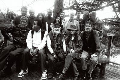 Featured composers and organizers of OM 3, standing and seated, facing forward, Woodside CA, v.2 (1996)