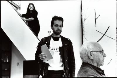 Portrait of Miya Masaoka (on stairs), Lukas Ligeti (center) and David Raksin (in profile), Woodside, CA (1996)