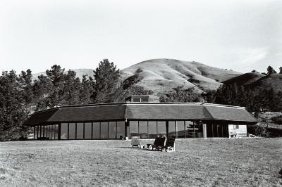 Landscape photograph of the artist's barn, at the Djerassi Resident Artists Program, Woodside CA (1996)