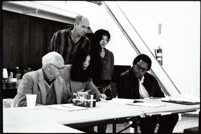 David Raksin, Kui Dong, Henry Kaiser, Miya Masaoka, and George Lewis look at a score, Woodside, CA (1996)