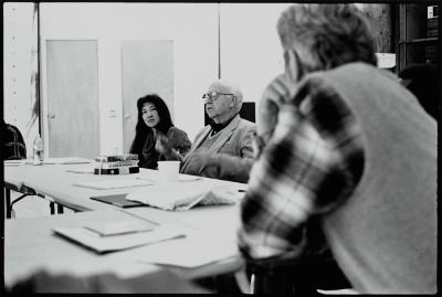 Miya Masaoka, David Raksin, and Charles Amirkhanian seated at table, Woodside, CA (1996)