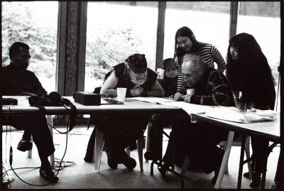 Olly Wilson, La Monte Young, Marian Zazeela, Kui Dong, Frederic Rzewski, and Miya Masaoka around a table, Woodside, CA (1996)
