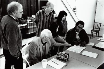 Jim Newman, David Raksin, Kui Dong, Henry Kaiser, Miya Masaoka, and George Lewis look at a score, Woodside, CA (1996)