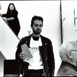 Portrait of Miya Masaoka (on stairs), Lukas Ligeti (center) and David Raksin (in profile), Woodside, CA (1996)