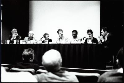 Portrait of several composers seated during a panel discussion during Other Minds Festival 3, San Francisco, 1996 (cropped image)
