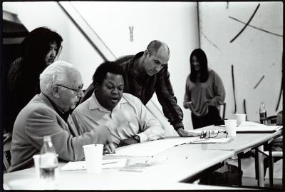 David Raksin, George Lewis, Miya Masaoka, Henry Kaiser and and Kui Dong at a table, Woodside, CA (1996)