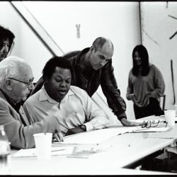 David Raksin, George Lewis, Miya Masaoka, Henry Kaiser and and Kui Dong at a table, Woodside, CA (1996)