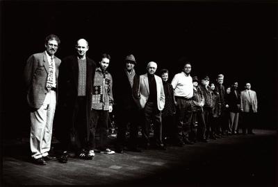 Featured composers and organizers of OM 3, standing, facing forward, San Francisco, 1996 (cropped image)