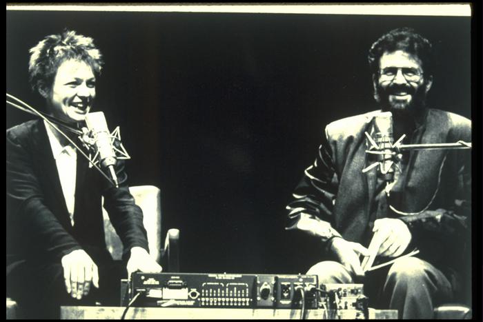 Laurie Anderson, onstage with Charles Amirkhanian during Speaking of Music, San Francisco (1984)