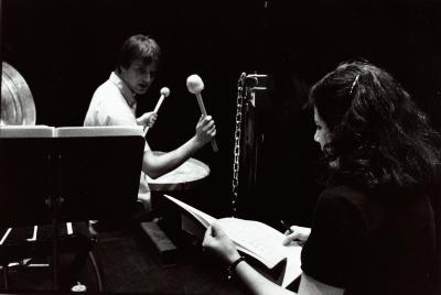 Annie Gosfield rehearses with percussionist, San Francisco CA, (2000)