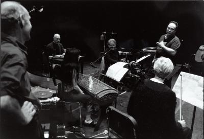 Christian Wolff, Bob Ostertag, Miya Masaoka, Gordon Mumma, Willie Winant, & Joan Jeanrenaud, standing and seated, during rehearsal, San Francisco CA, (2000)