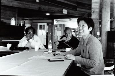 Hamza El Din, DJ Spooky, & Aki Takahashi, seated around a table, Woodside CA, (2000)
