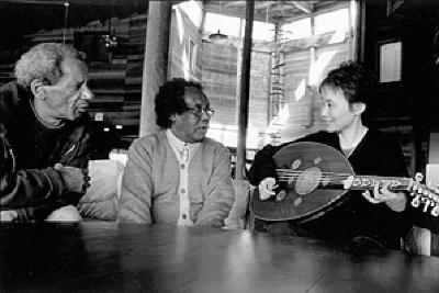 Leroy Jenkins and Hamza El Din, looking right, with Hyo-shin Na, looking left and holding a oud, half length portrait, seated, Woodside CA, (2000)