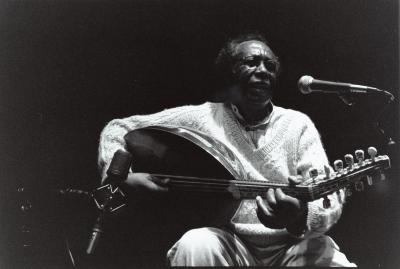 Hamza El Din, half length portrait, seated, playing the oud, San Francisco, 2000 (cropped image)