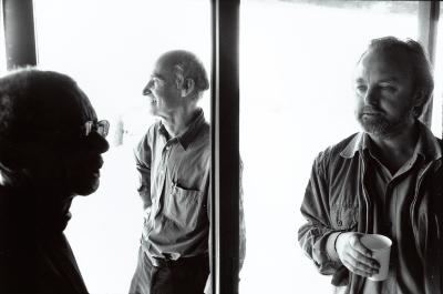 Leroy Jenkins, facing right, Christian Wolff, facing left, & Jacob ter Veldhuis, facing slightly right, standing, Woodside CA, (2000)