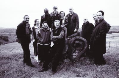 Featured composers and organizers of OM 7, full length portrait, facing forward, v2., Woodside, 2001 (cropped image)