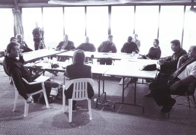 Portrait of OM 7 composers during private discussions at the Djerassi Resident Artists Program, Woodside, CA (2001)