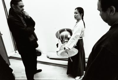 Glen Velez, Eun-ha Park holding drum, & William Winant, standing, 2001 (cropped image)