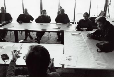Participating composers of OM 7 seated around a table during private discussions, Woodside, CA (2001)