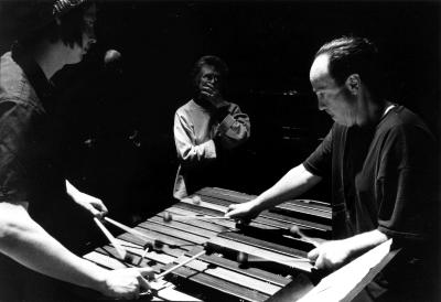 Ches Smith & William Winant playing percussion while Annea Lockwood looks on, San Francisco CA, (2002)