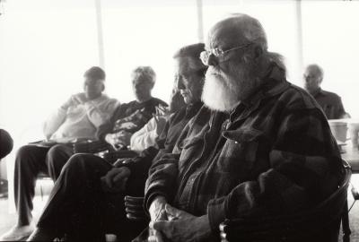 Randy Weston, Pauline Oliveros, Tania León, Thomas Buckner, and Lou Harrison, full length portrait, seated, facing left, Woodside CA, (2002)