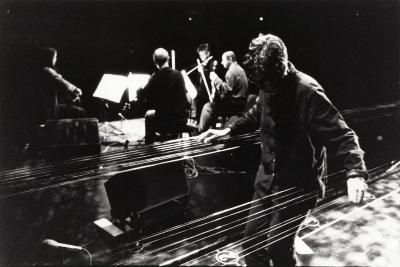 Ellen Fullman and the Kronos Quartet, rehearsing or performing during OM 8, San Francisco CA, (2002)