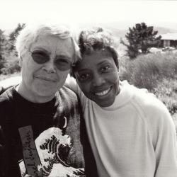 Head and shoulders portrait of Pauline Oliveros and Tania León, facing forward, Woodside CA, (2002)