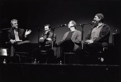 Charles Amirkhanian onstage with the "three Steves" during a panel discussion as part of OM 9, San Francisco CA, (2003)