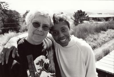 Head and shoulders portrait of Pauline Oliveros and Tania León, facing forward, Woodside CA, (2002)