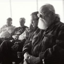 Randy Weston, Pauline Oliveros, Tania León, Thomas Buckner, and Lou Harrison, full length portrait, seated, facing left, Woodside CA, (2002)