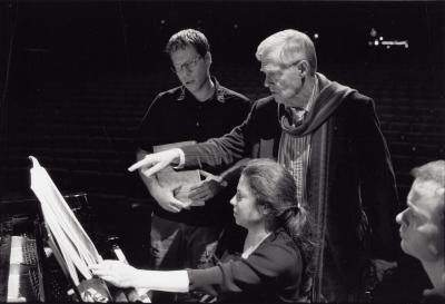 Ned Rorem oversees a rehearsal with pianists during the 9th Other Minds Festival, San Francisco CA (2003)