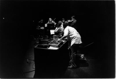 Daniel Bernard Roumain, Del Sol String Quartet, and DJ Scientific performing during OM 11, San Francisco, CA (2005)