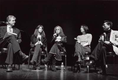 Charles Amirkhanian onstage with Evelyn Glennie, Amy X Neuburg, Gloria Cheng, and Ge Gan-ru during a panel discussion as part of OM 9, San Francisco CA, (2003)