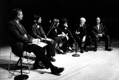 Charles Amirkhanian, Kim Kashkashian, Hanna Kulenty, Hamlet Sarkissian, Tigran Mansurian and Jon Raskin, full length portrait, seated in semi circle, San Francisco, CA (2004)