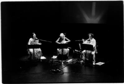 Amelia Cuni, Joan Jeanrenaud, and Maria de Alvear on stage, performing, during the 11th Other Minds Festival, ver. 2, San Francisco (2005)