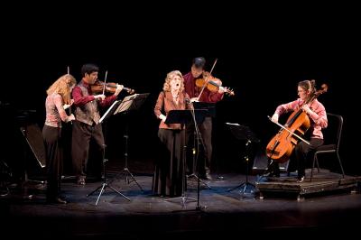Del Sol Quartet and Cheryl Keller performing on stage during OM 11, ver. 11, San Francisco CA (2005)