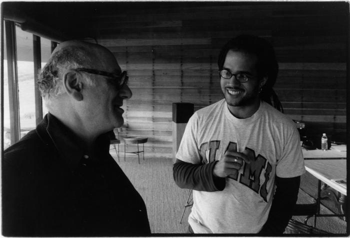 Michael Nyman and Daniel Bernard Roumain in conversation, half length portrait, Woodside, CA (2005) 