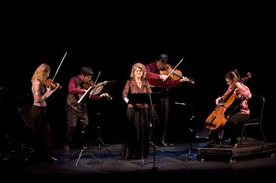Del Sol Quartet and Cheryl Keller performing on stage during OM 11, ver. 07, San Francisco CA (2005)