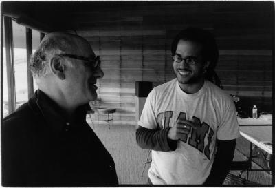 Michael Nyman and Daniel Bernard Roumain in conversation, half length portrait, Woodside, CA (2005) 