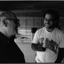 Michael Nyman and Daniel Bernard Roumain in conversation, half length portrait, Woodside, CA (2005) 