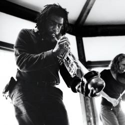 Ishmael Wadada Leo Smith and Kate Stenberg perform during a demonstration at the Djerassi Resident Artists Program, Woodside, CA, 2008