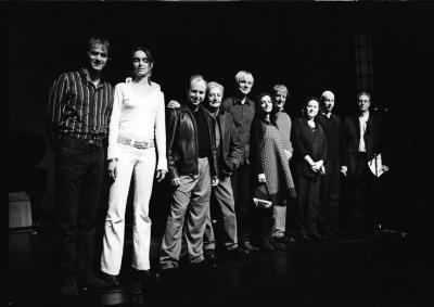 A group portrait of the featured composers in the 12th Other Minds Festival, standing on stage, San Francisco CA, 2006