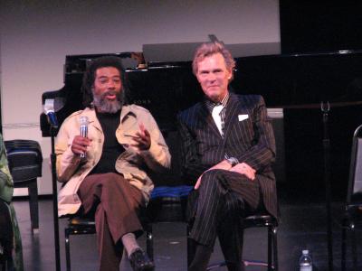 Ishmael Wadada Leo Smith & Åke Parmerud (l to r), full length portrait, seated, facing forward, during panel discussion, San Francisco CA., (2008)