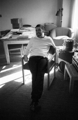 Anthony Gnazzo, full length portrait, seated, facing forward, Oakland CA., (1982)