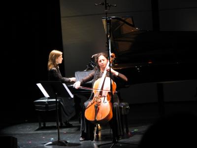 Linda Catlin Smith & Gianna Abondolo (l to r), full length portrait, performing onstage, San Francisco CA., (2009)